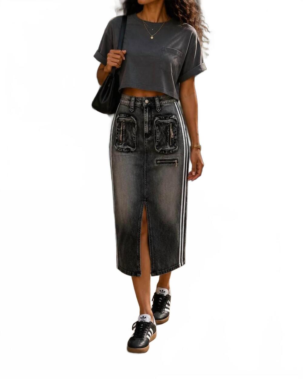 NEW SURELYMINE raven washed cargo midi skirt in grey
